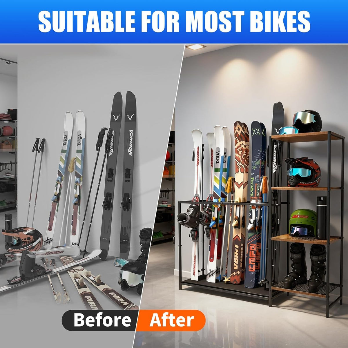 Freestanding Ski Rack with Adjustable Bars for Winter Sports Equipment - Black