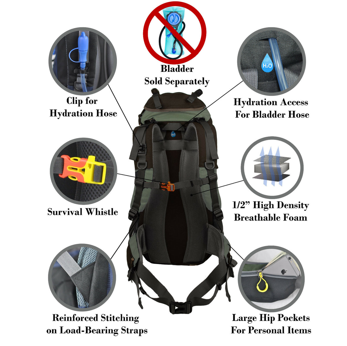 50L Hiking Backpack for Camping Hunting Fishing with Rain Cover