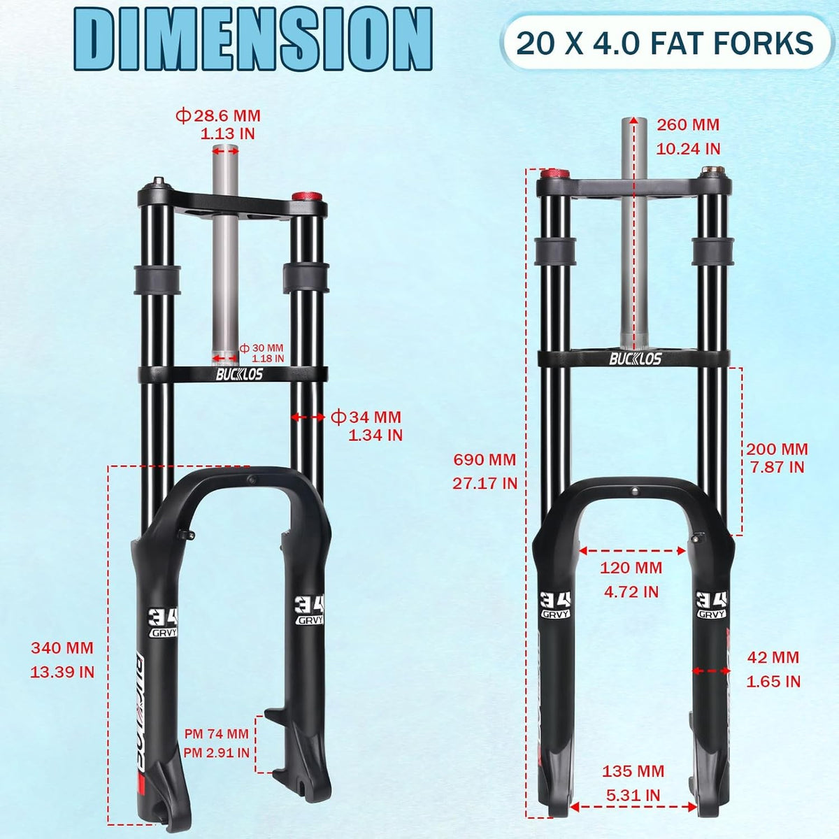 26 Inch Fat Tire Snow Electric MTB Bike Suspension Fork - 180mm Travel