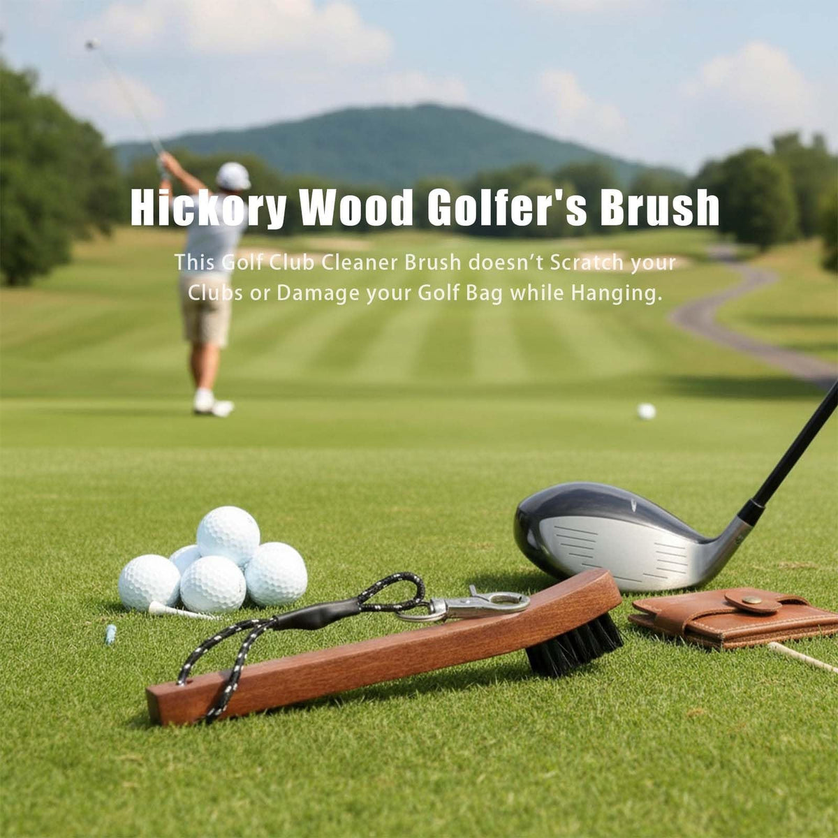 Hickory Wood Golf Club Brush & Groove Cleaner with Nylon Bristles, Clips & Paracord