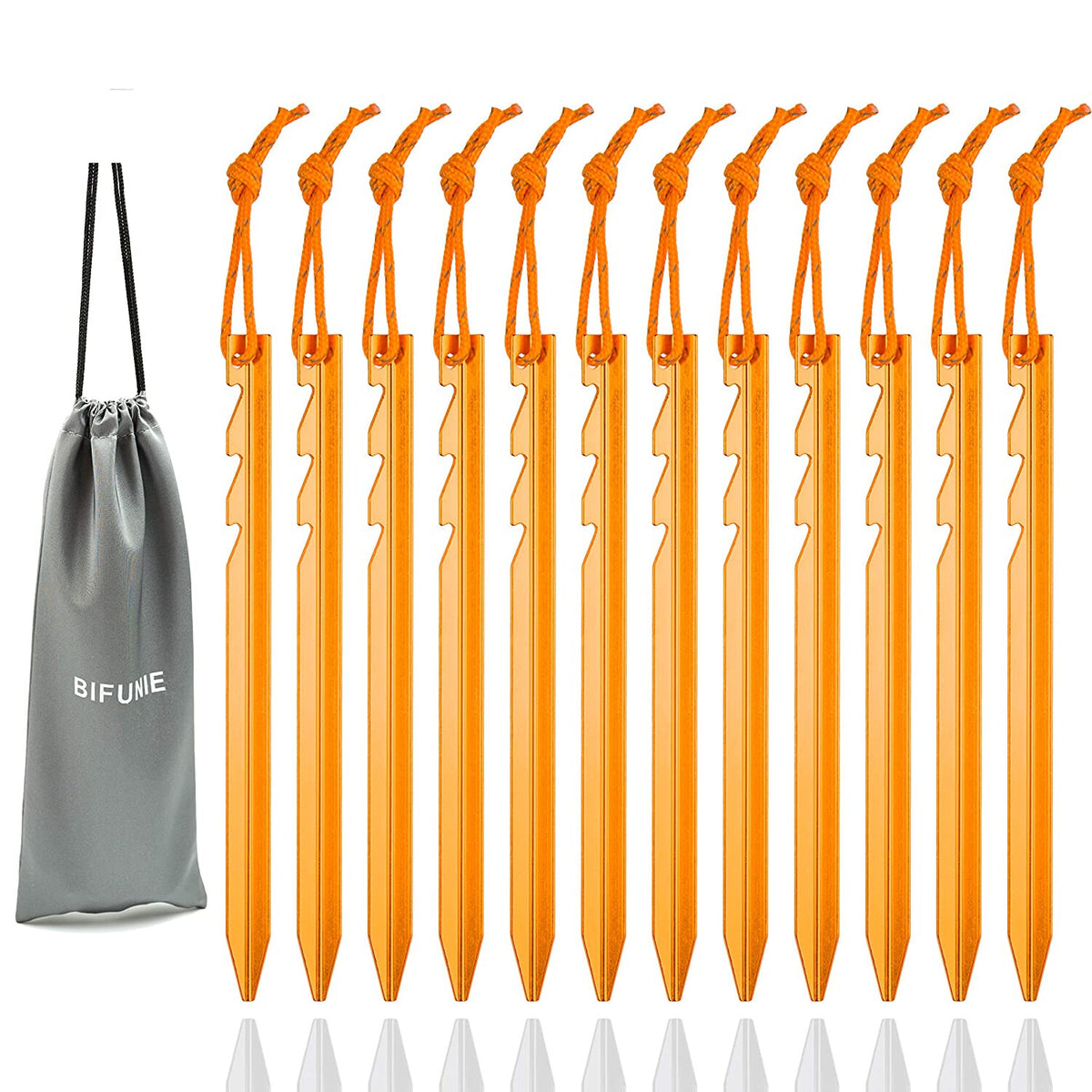 Heavy Duty Aluminum Tent Stakes Pegs with Reflective Ropes - 12 Pack
