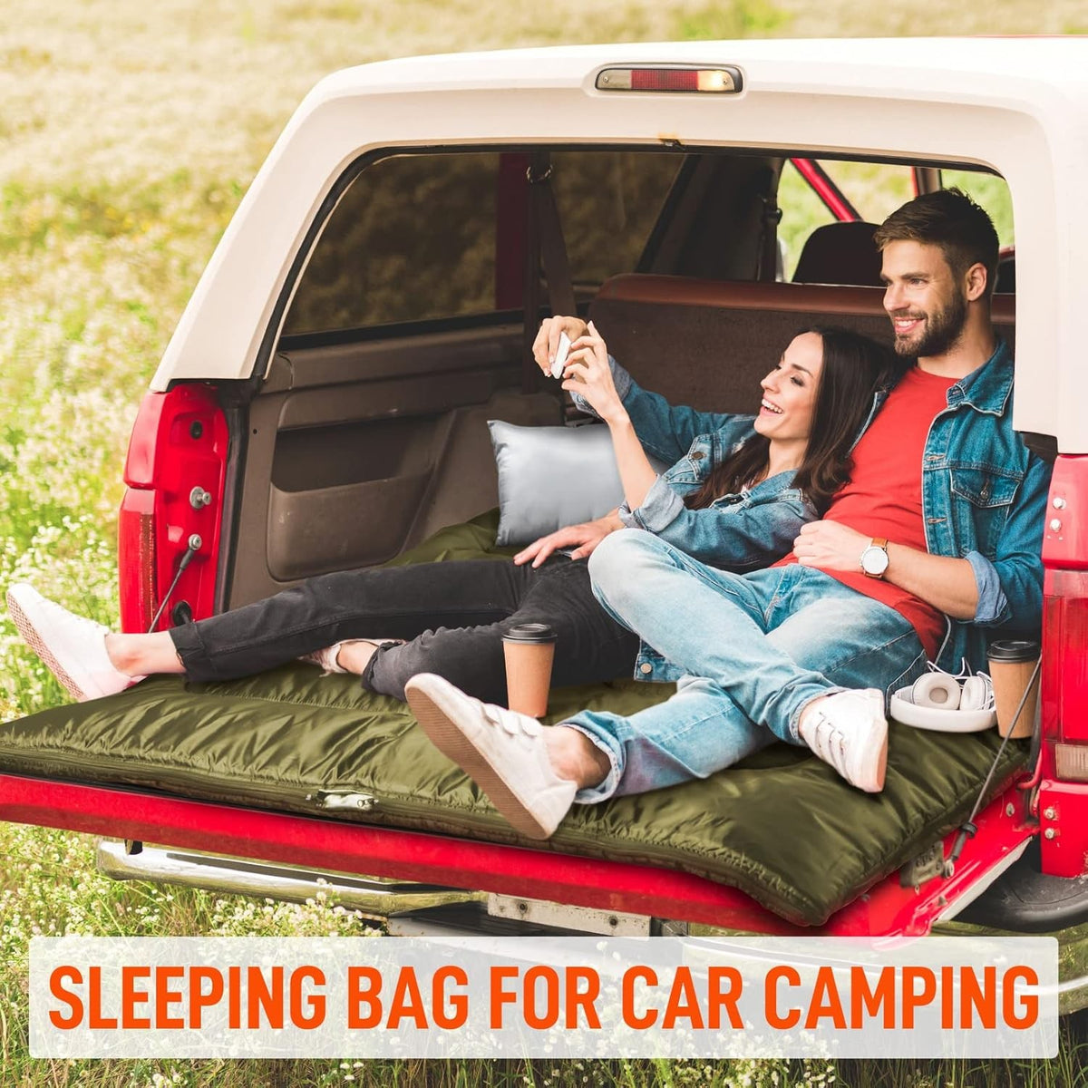 Double Sleeping Bag for Adults Queen Size XL, 2-Person Waterproof Camping Bed with 2 Pillows