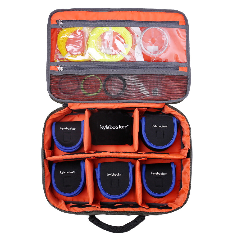 Fishing Reel Storage Case with Adjustable Compartments and Mesh Pockets