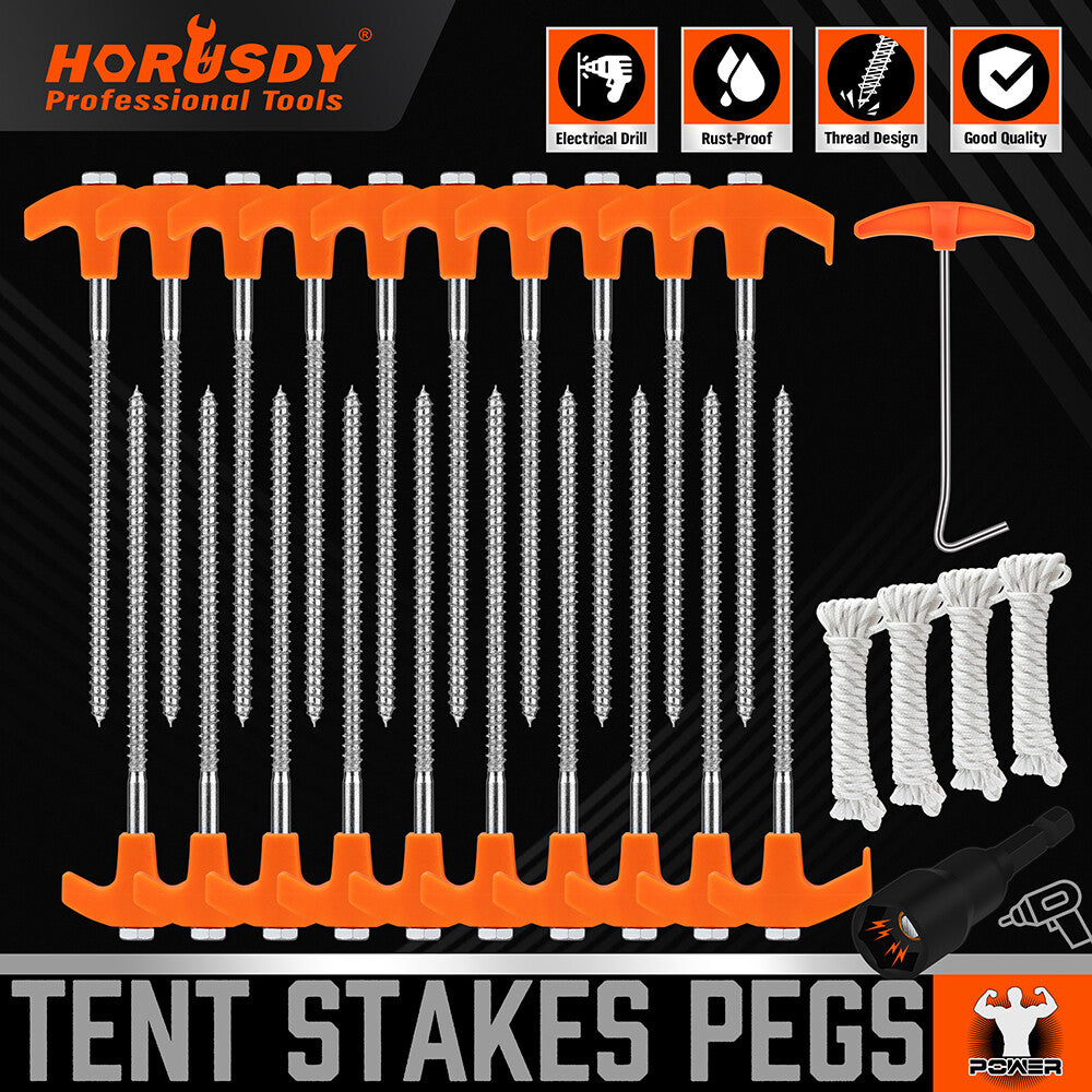 Heavy Duty Tent Stakes with Ropes and Hook - Steel Camping Pegs Set