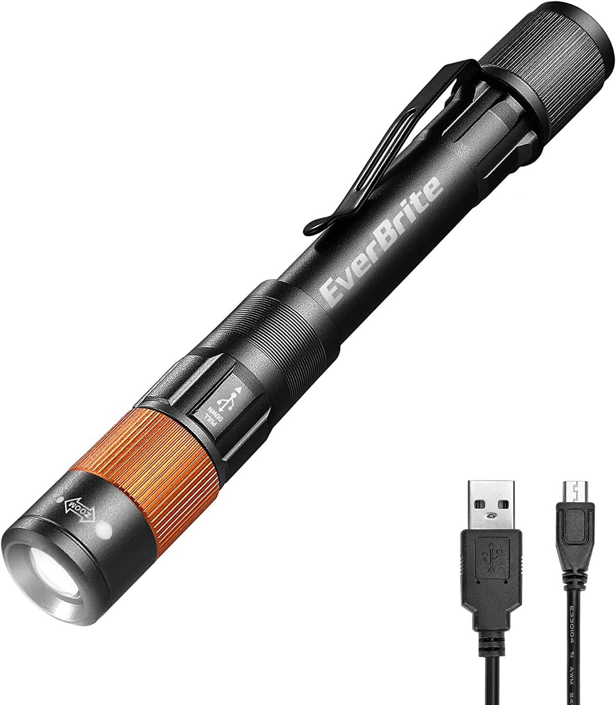 Rechargeable LED Pen Light Flashlight with Clip - 300 Lumens, Zoomable, USB-C