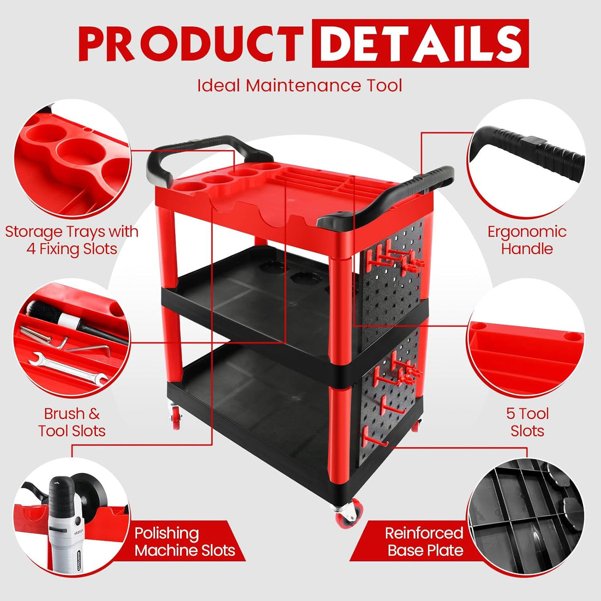 Auto Detailing Cart with Wheels - 3 Tier Garage & Workshop Storage