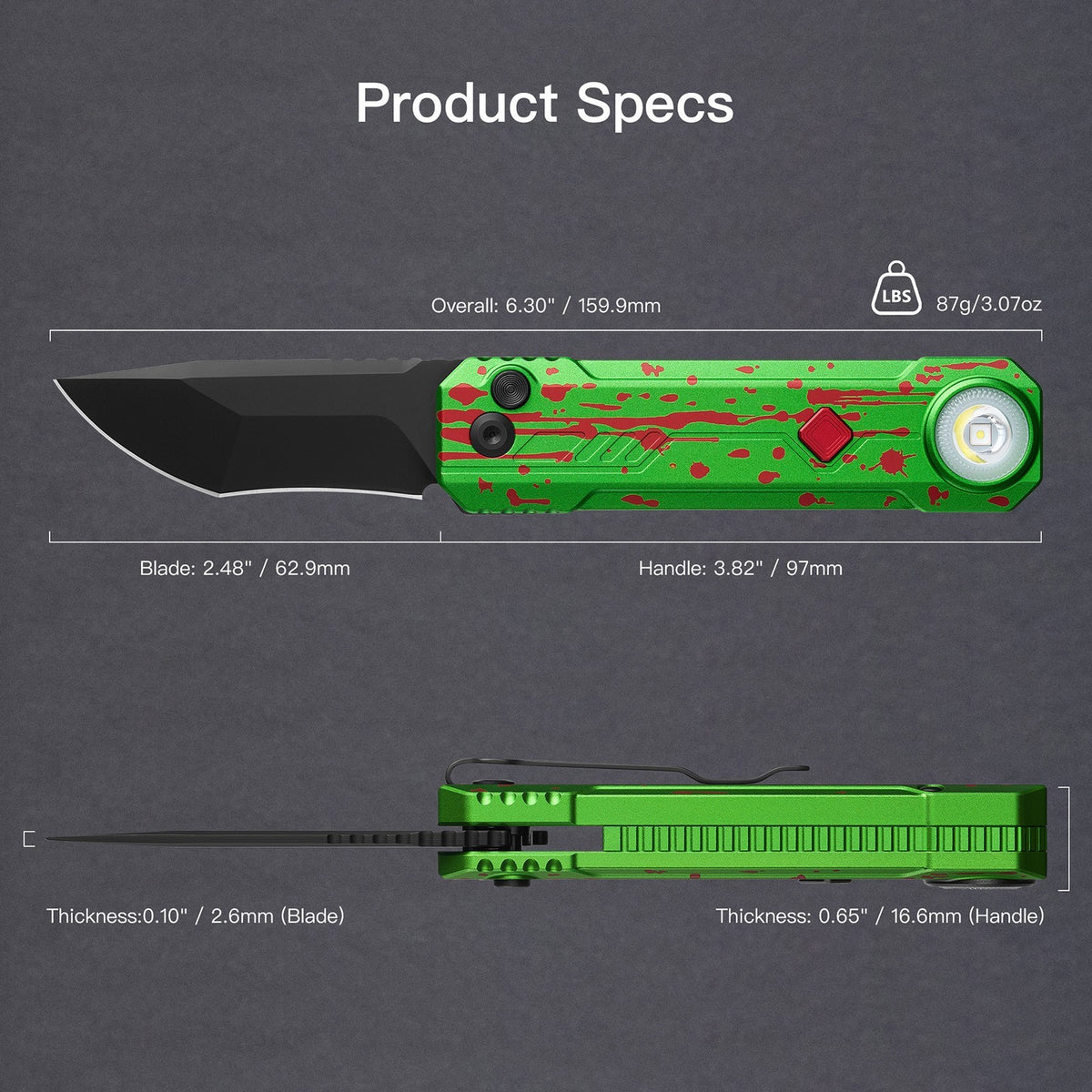 Rechargeable Tactical Folding Knife with RGB Light and Flashlight - Zombie Green