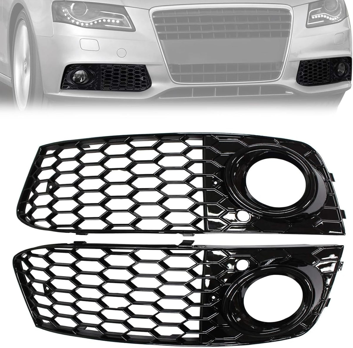 Front Bumper Fog Light Mesh Grill for Audi A4 B8 2008-2012 - Glossy Black
