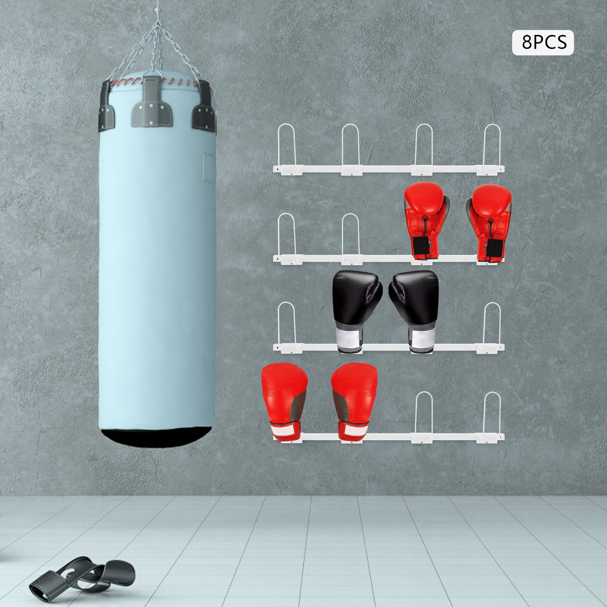 Wall-Mounted Boxing Glove Storage Rack with 8 Shelves & Hooks