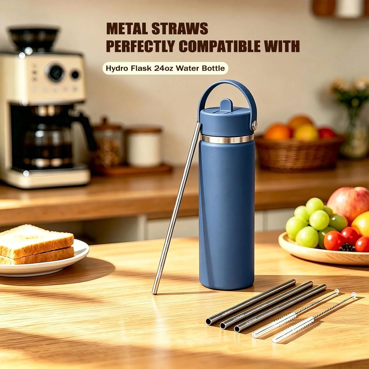 4 Pack Stainless Steel Water Bottle Straws Compatible with 24oz Hydro Flask