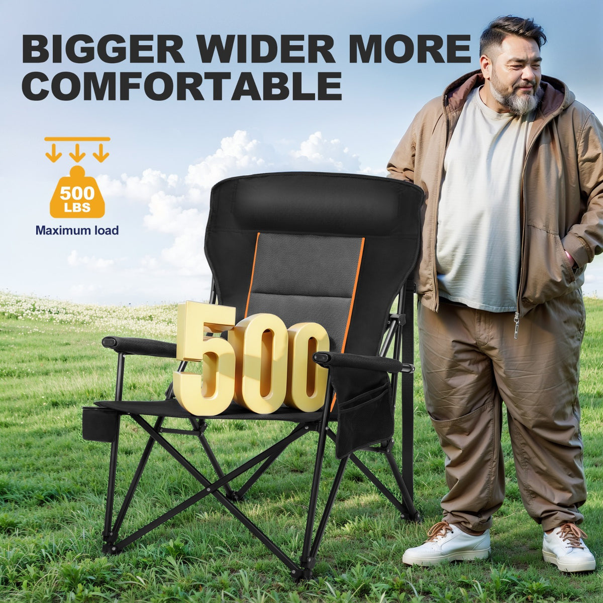 Heavy Duty Folding Camping Chair 500lbs Support Oversize High Back Portable Seat