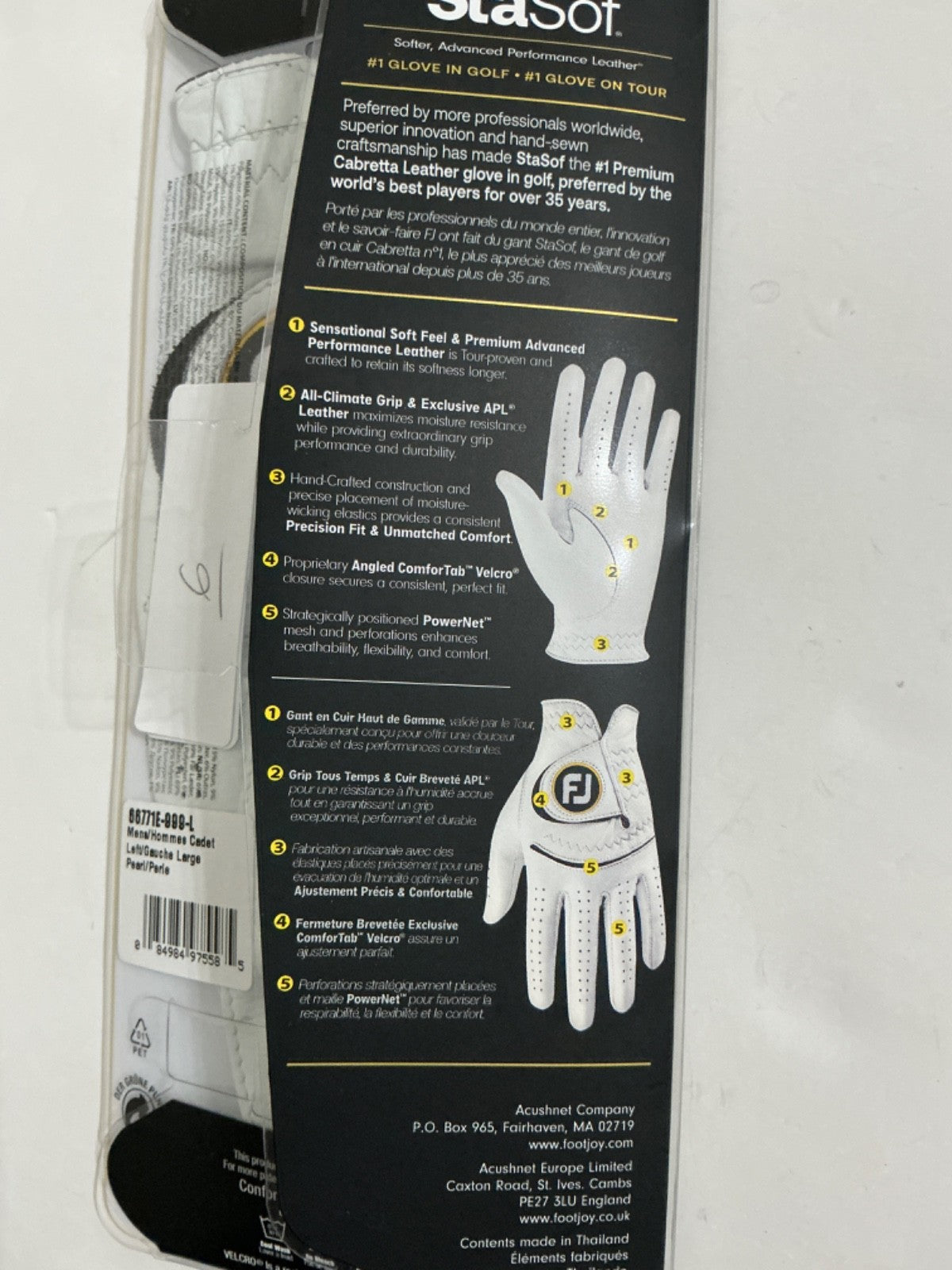 Golf Glove Men Left Hand Pearl White Cabretta Leather Performance Fit
