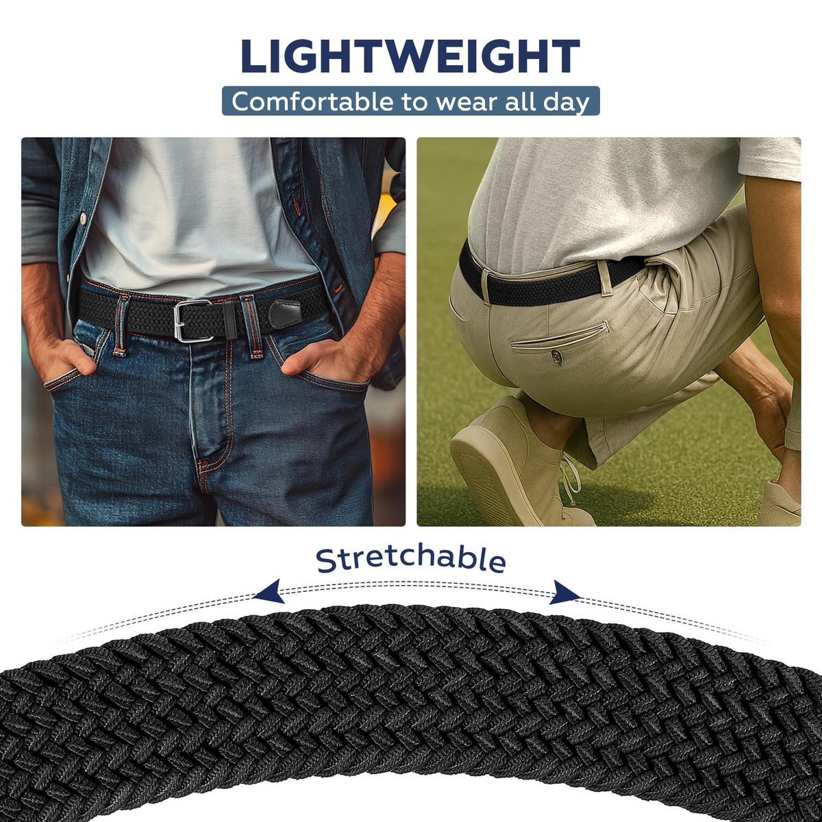 Men's Braided Stretch Belt for Pants and Jeans - Adjustable Waist 25-50 Inches, Black