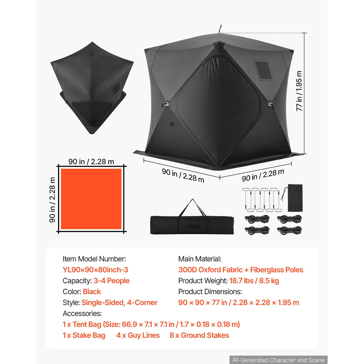 Pop-Up Ice Fishing Tent for 3-4 People - Portable 90x90x77in Shelter