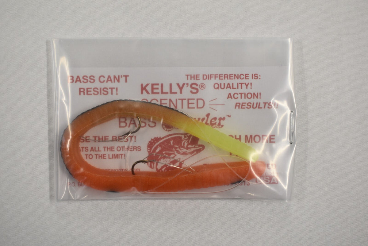 Pre-Rigged Bass Worms with Scented Crawler Baits - 12 Pack, Orange & Chartreuse