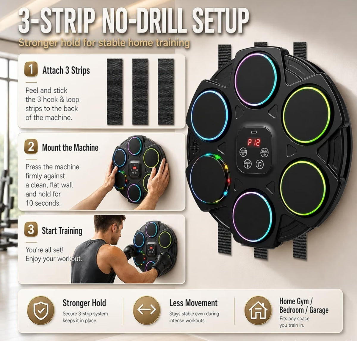 Wall Mounted Boxing Machine with Gloves for Adults - 12 Modes & LED Display