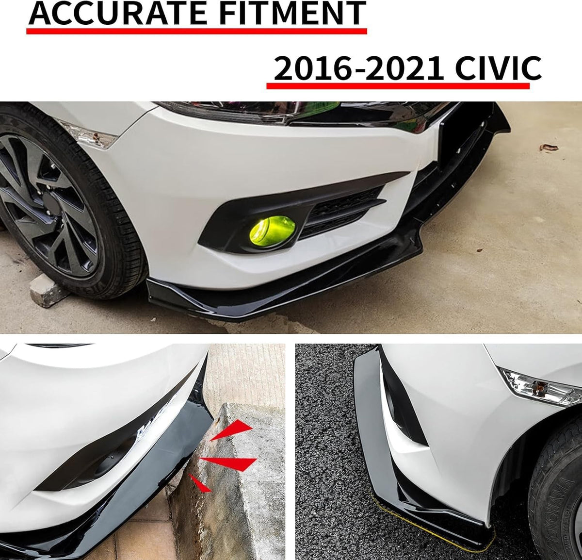 Honda Civic Front Bumper Lip Spoiler Kit 2016-2020 Gloss Black - 3 Pcs