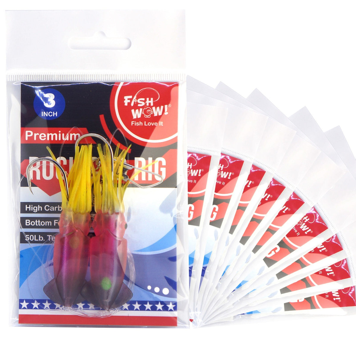 10 Pack 3-inch Saltwater Fishing Rig with Twin Squid Soft Lures for Rockfish and Lingcod