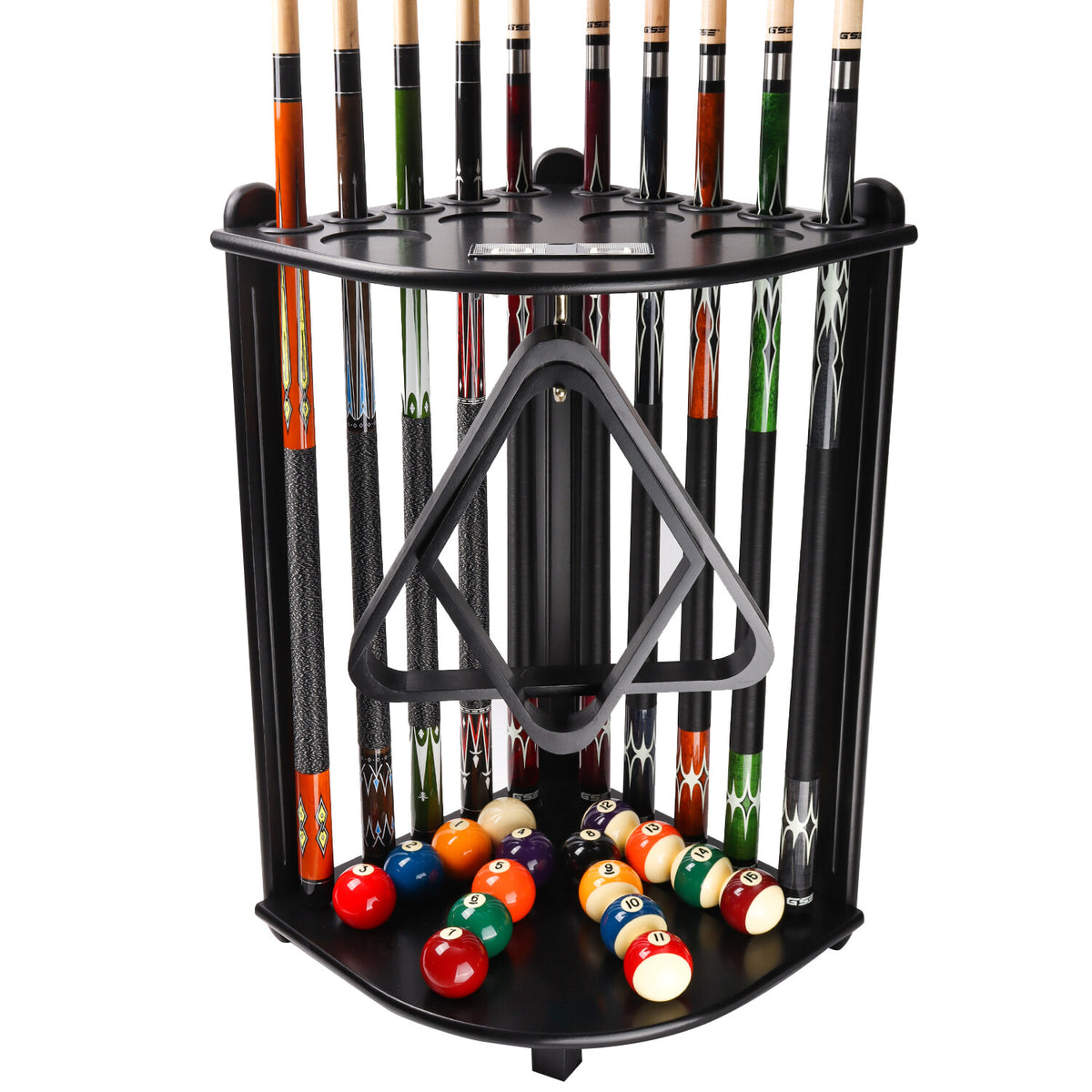 10-Cue Corner Floor Pool Cue Rack, Solid Wood Stand with Score Counters