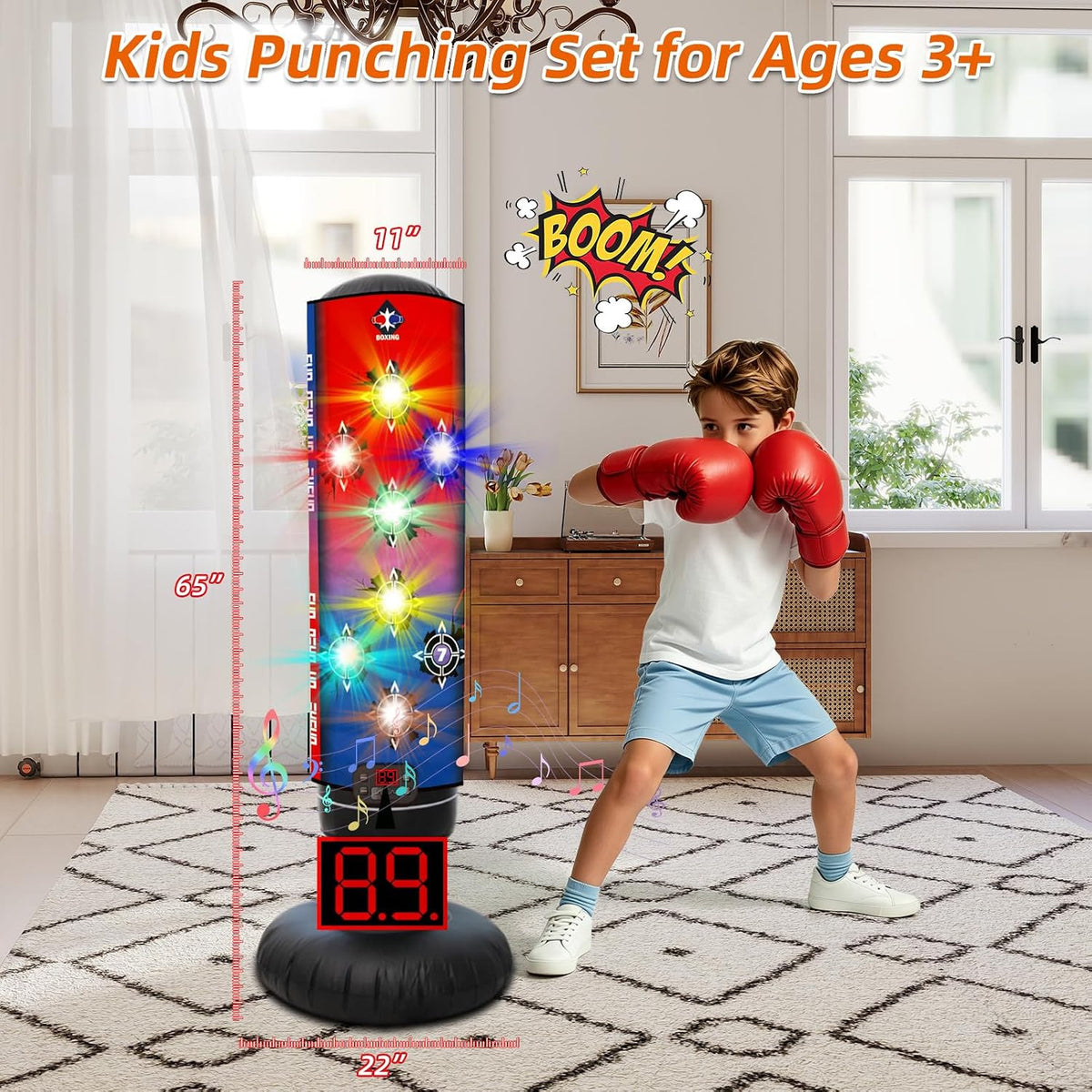 Kids Inflatable Punching Bag with Music & Light-Up Targets - Boxing Set for Ages 3+