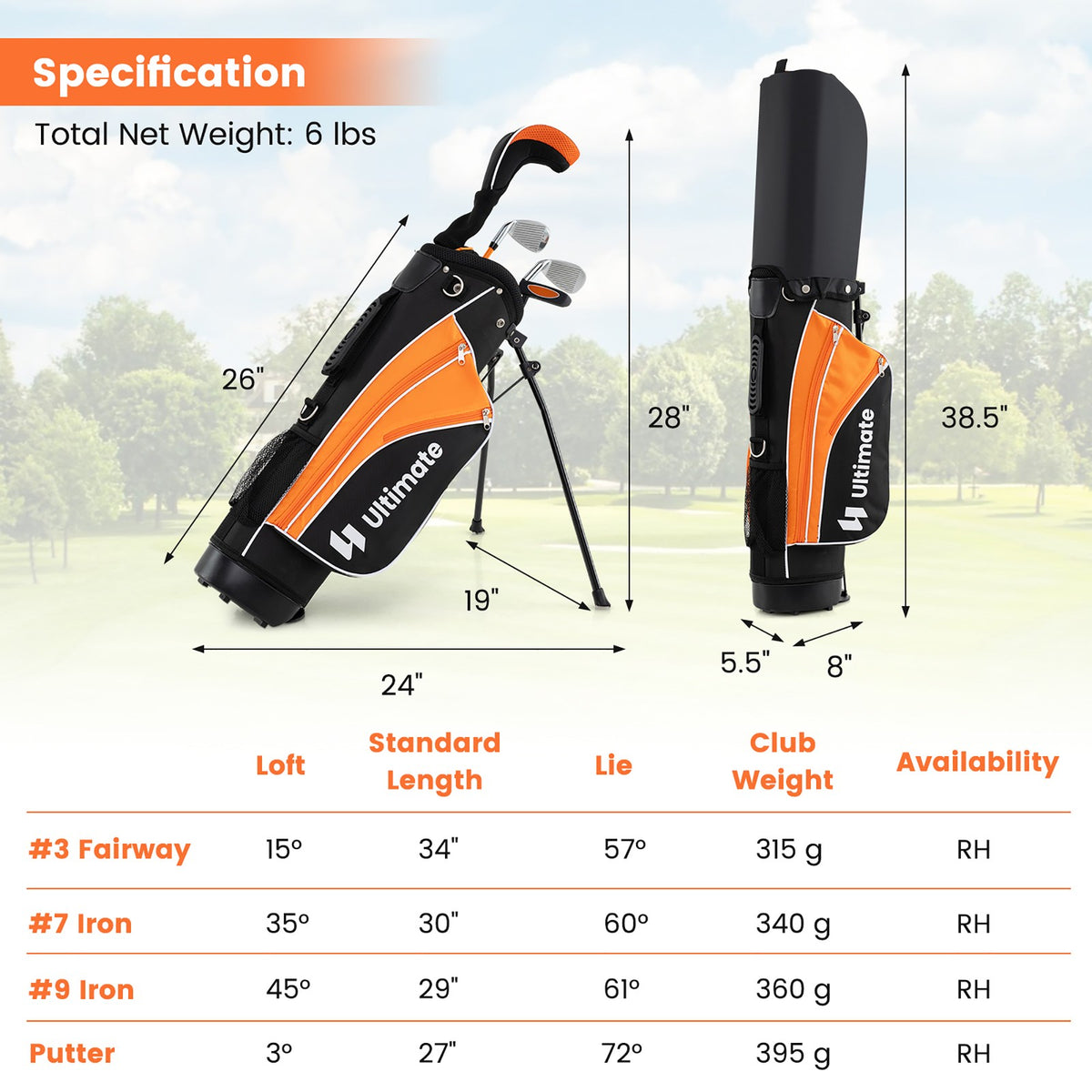 Kids 28-Inch Complete Golf Club Set with Stand Bag - Yellow, Beginner Friendly