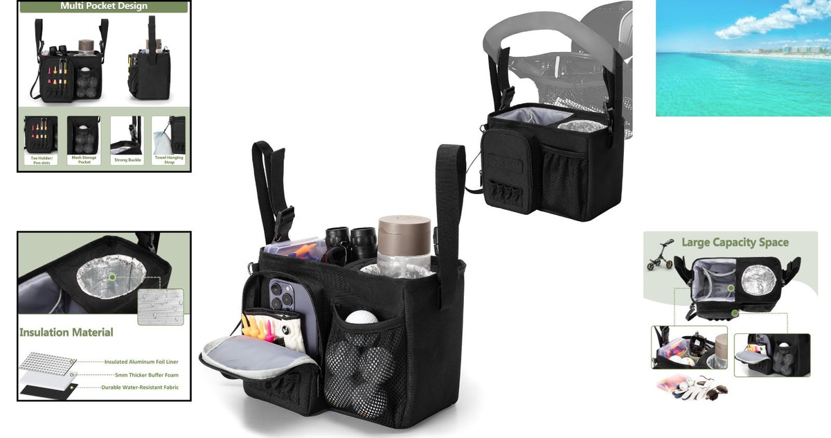 Golf Push Cart Organizer with Insulated Cup Holder & Storage Pockets