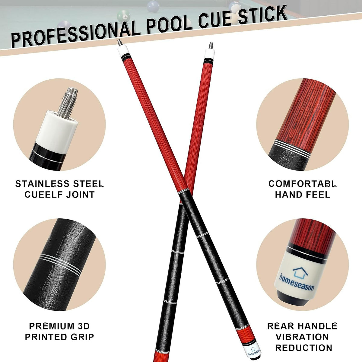 58in Pool Cue Stick Canadian Maple 13mm Tip 20oz with 2-Piece Design