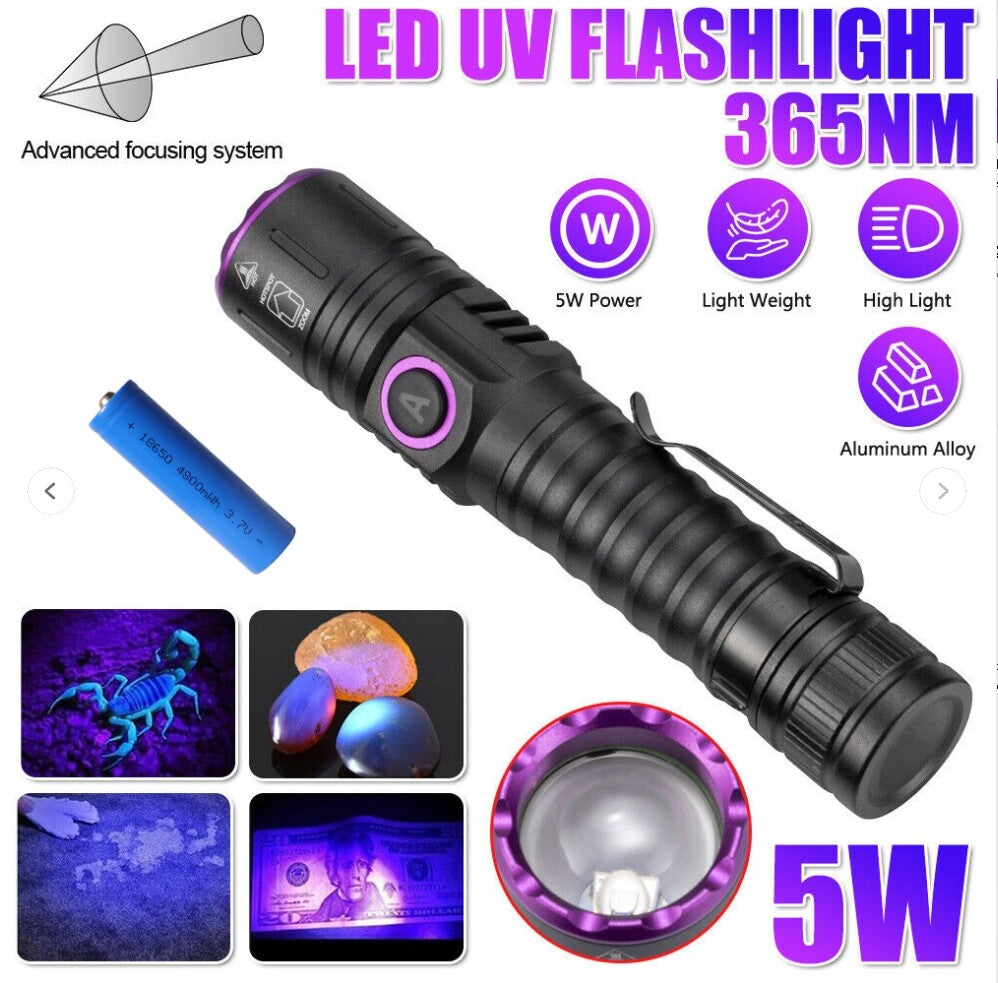 Rechargeable UV LED Flashlight 365nm Blacklight for Inspection Security Detection