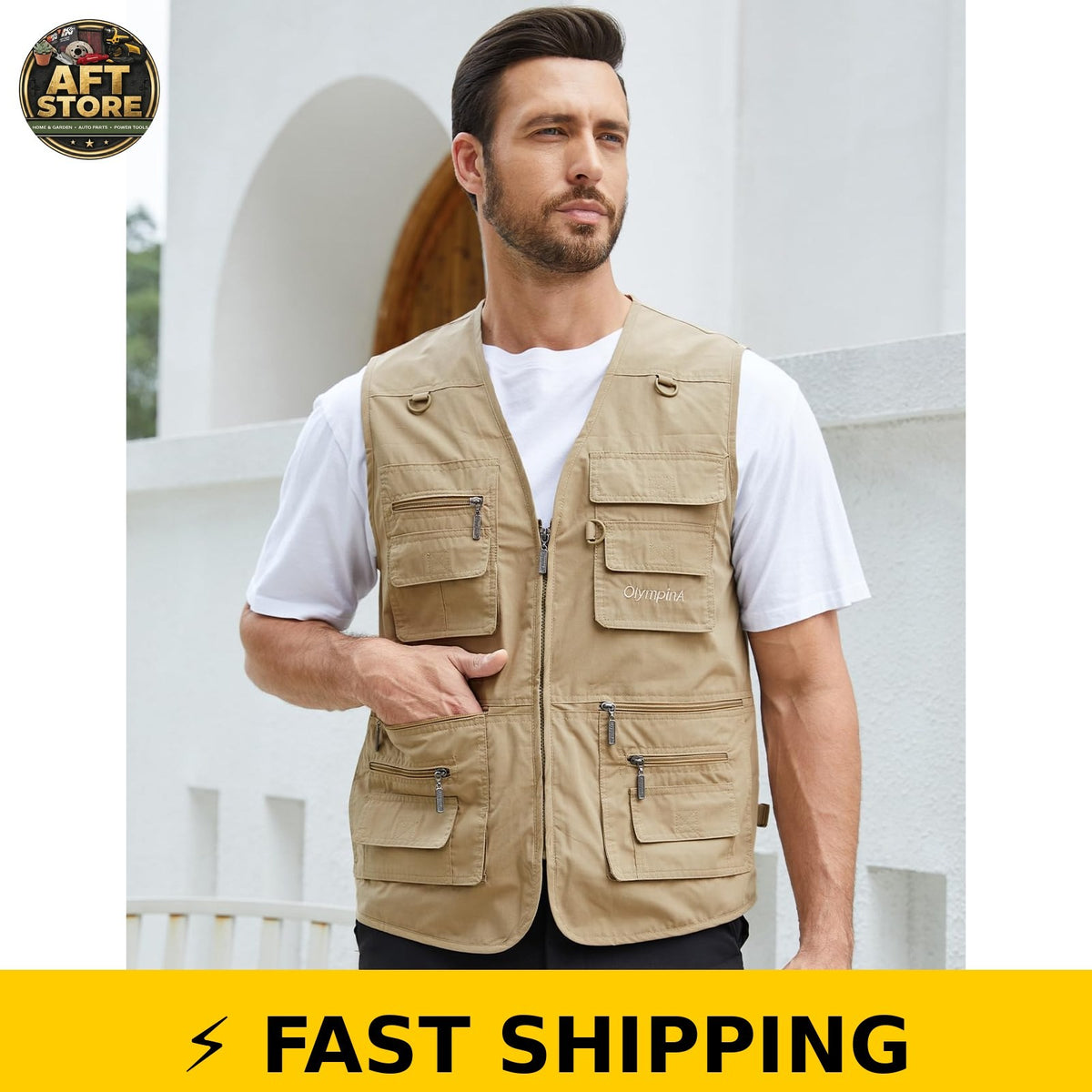 Men's Fishing Utility Vest with Multiple Pockets - Khaki, Large