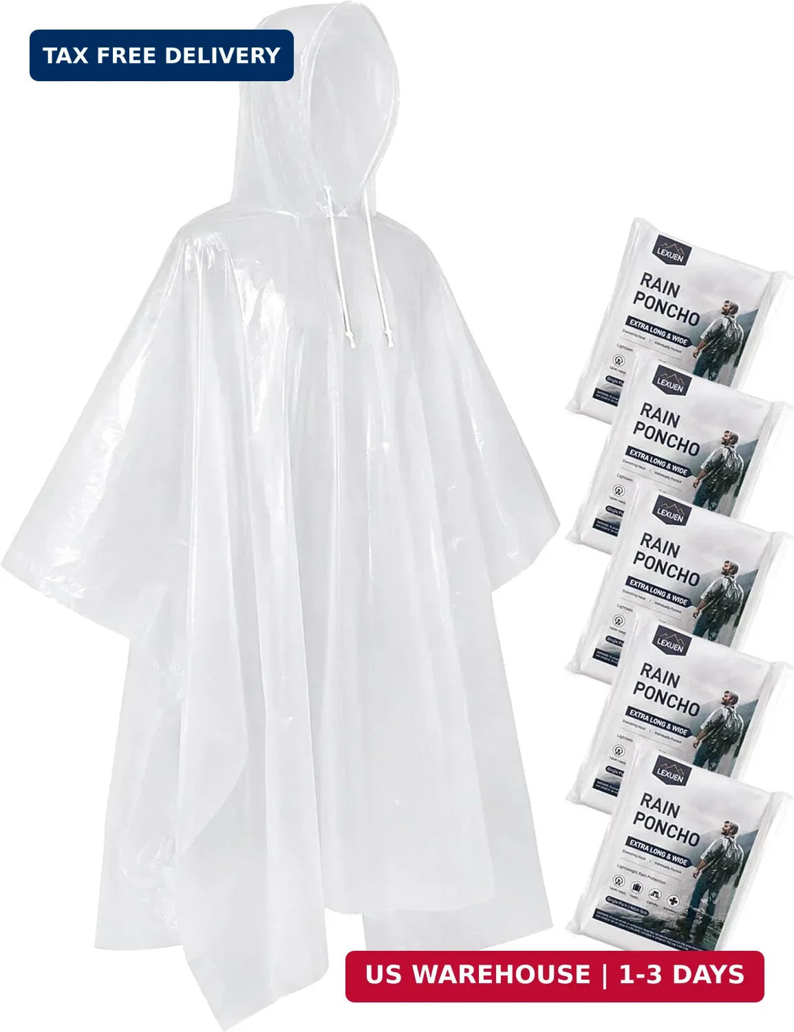 Disposable Rain Ponchos for Adults, Extra Long & Thickened with Drawstring Hood (5 Pack)