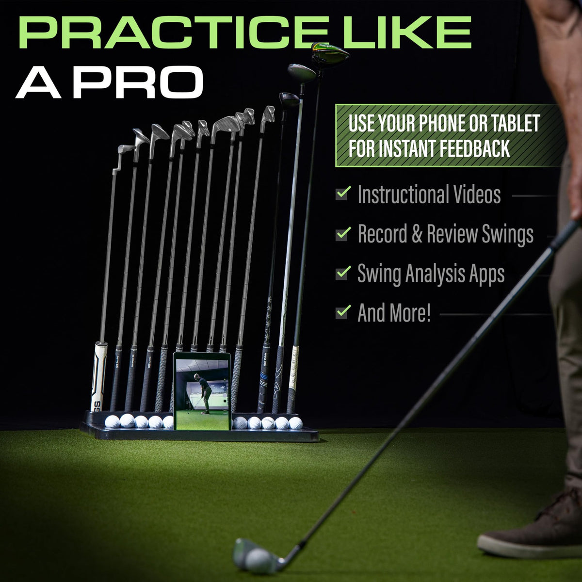 Golf Club Holder Stand - Holds 14 Clubs with Ball & Phone Slots, Black