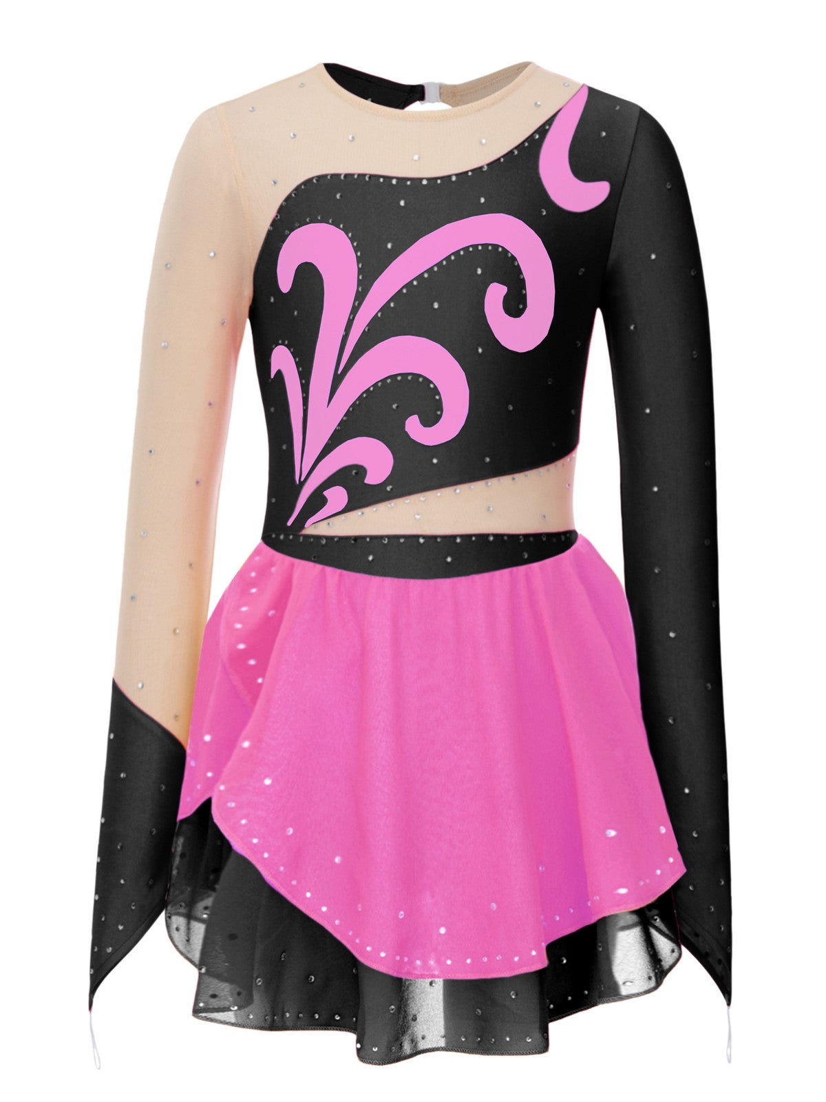 Girls Figure Skating Dress Long Sleeve Rhinestone Mesh Ice Skating Competition