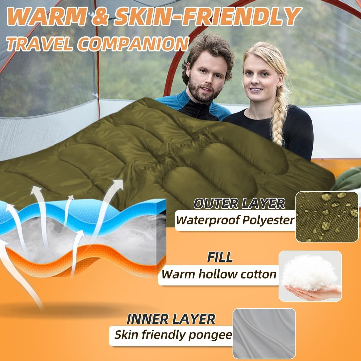Double Sleeping Bag for Adults Queen Size XL, 2-Person Waterproof Camping Bed with 2 Pillows