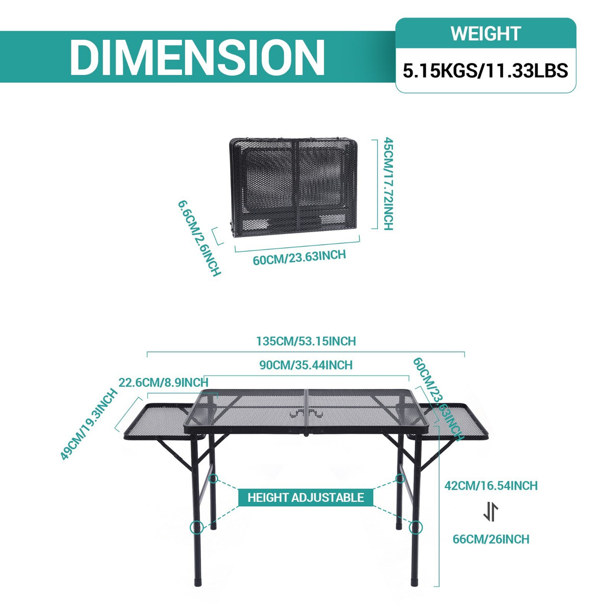 Foldable Camping & Outdoor Grill Table with Adjustable Height & Side Pockets