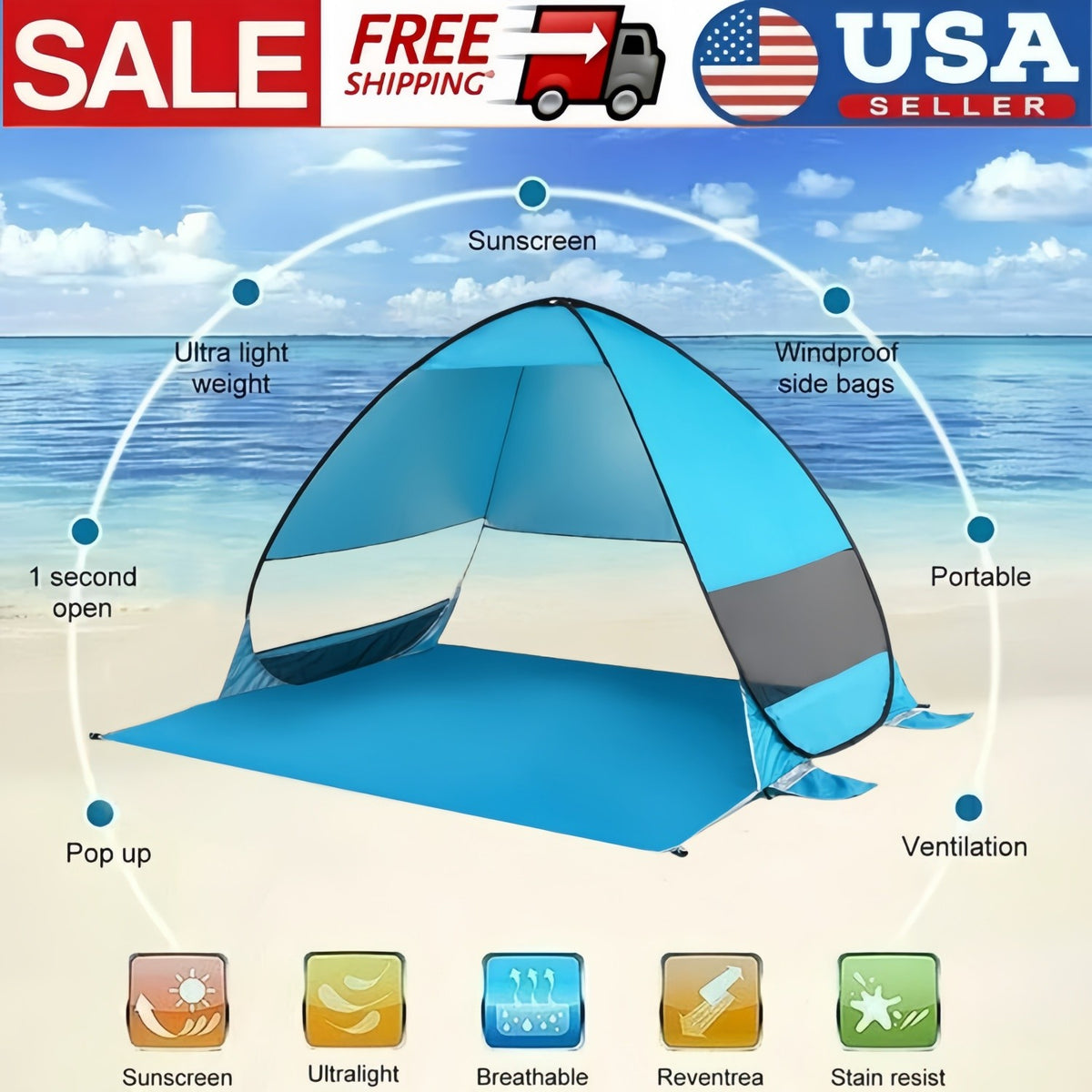 Portable Pop Up Beach Tent Sun Shade Shelter with Carry Bag - UV 50+ Protection