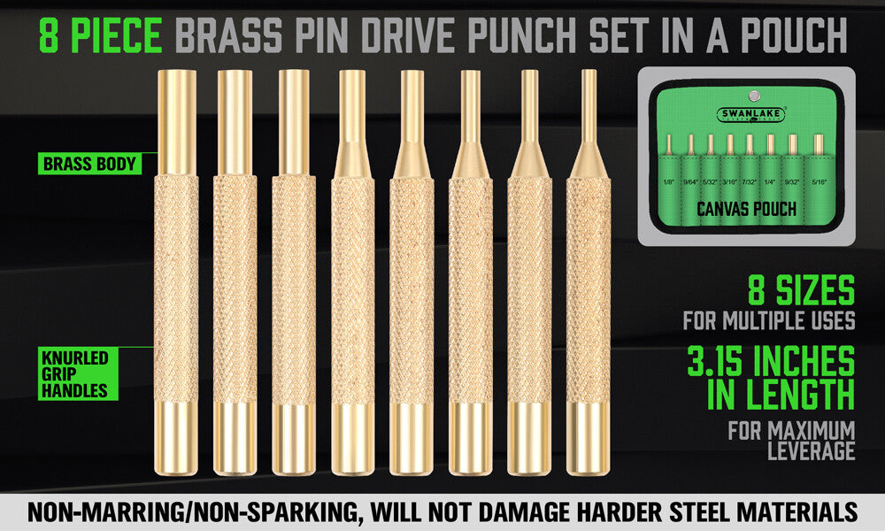 Brass Drive Pin Punch Set for Gunsmithing - 8 Pieces Hand Tools