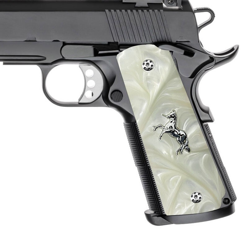 Full Size 1911 Gun Grips White Pearl with Gold Screws for Colt Springfield Clones