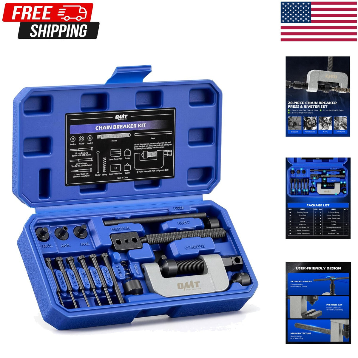 Motorcycle Chain Rivet Tool Kit 19-Piece with Powder Coated C-Frame for Chain Maintenance