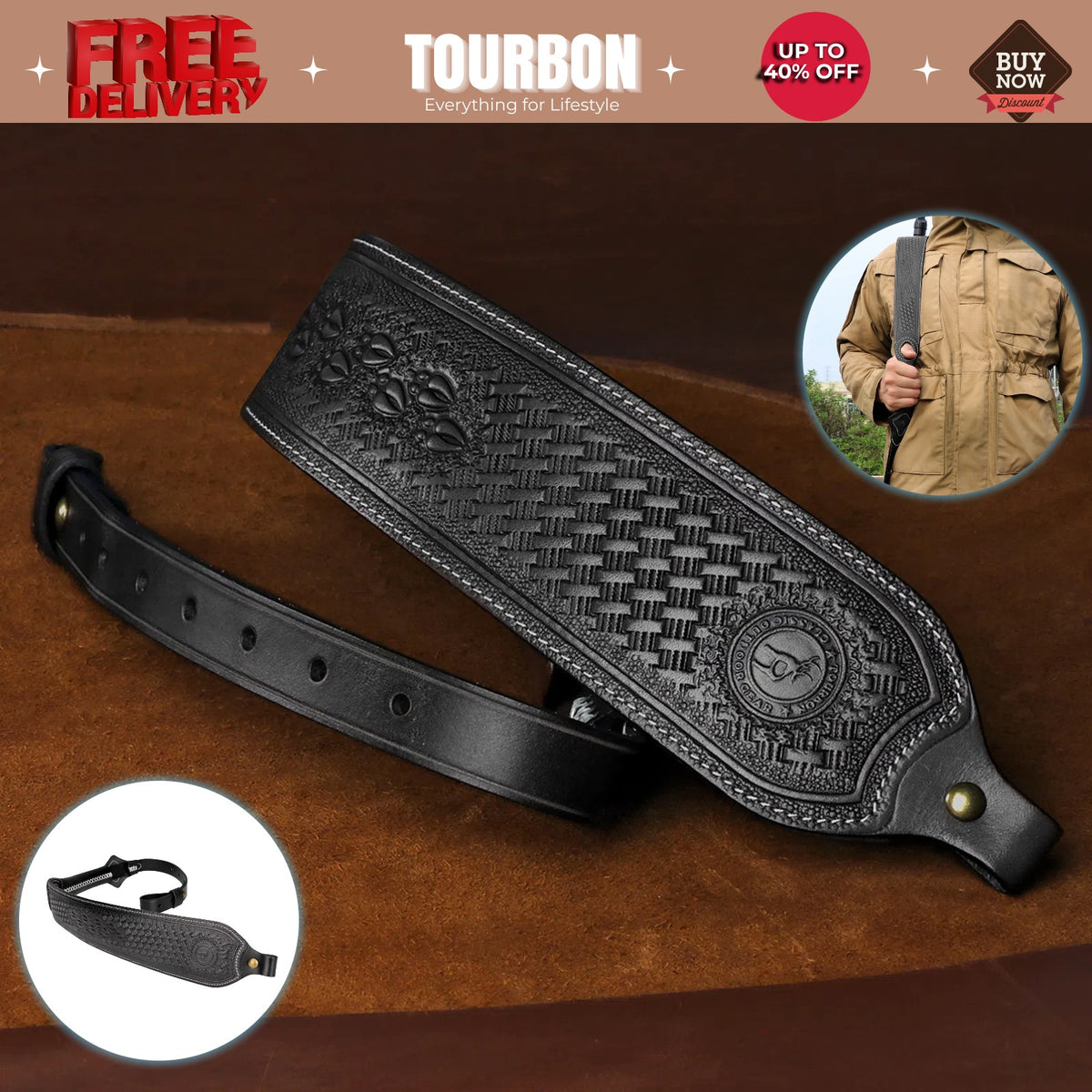 Adjustable Leather Rifle Sling with Non-Slip Backing & Thumb Hole - Hunting Accessory