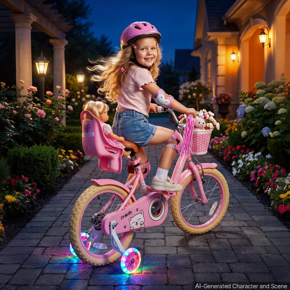 Kids' 16-Inch Bicycle with Training Wheels for Girls, Dual Brakes, Pink