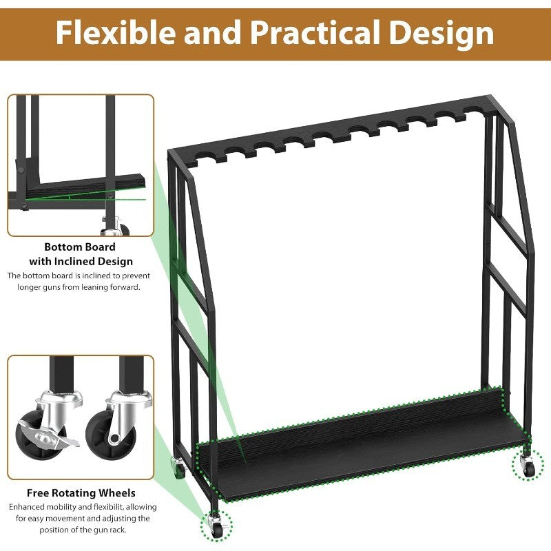 Gun Rack with Metal Frame and Wheels Holds 10 Long Guns, Adjustable Height
