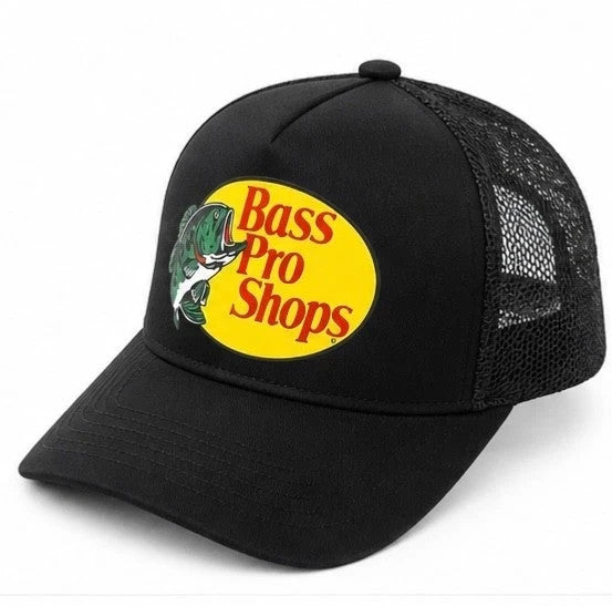 Black Mesh Trucker Hat with Adjustable Snapback Fishing Logo