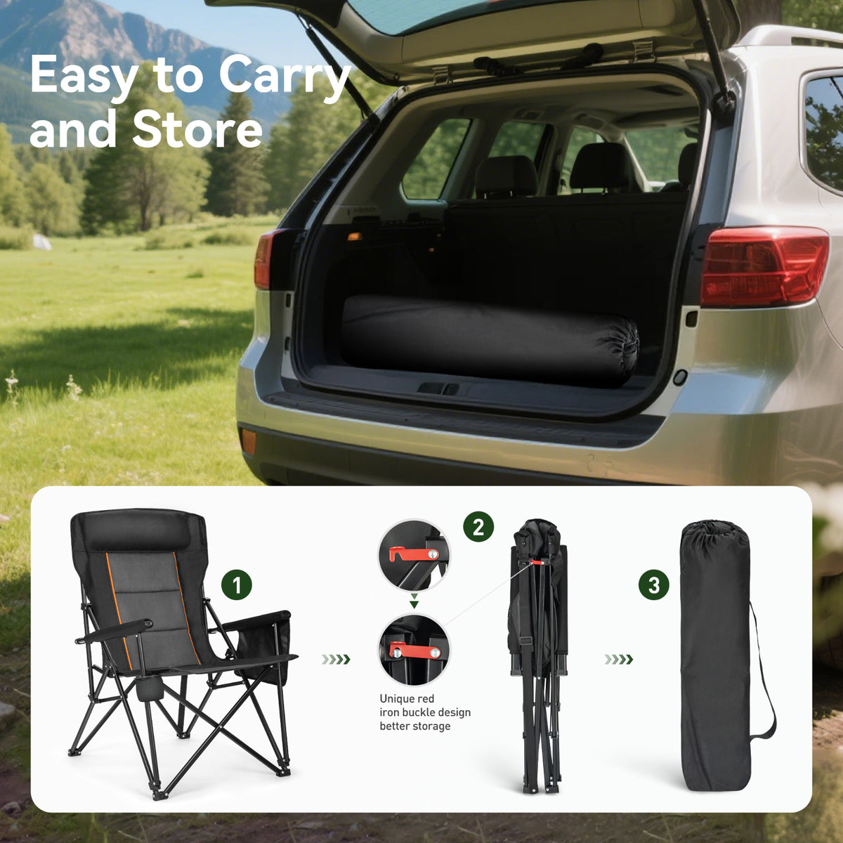 Heavy Duty Oversized Camping Chair with High Back Support - Portable 500LBS Black