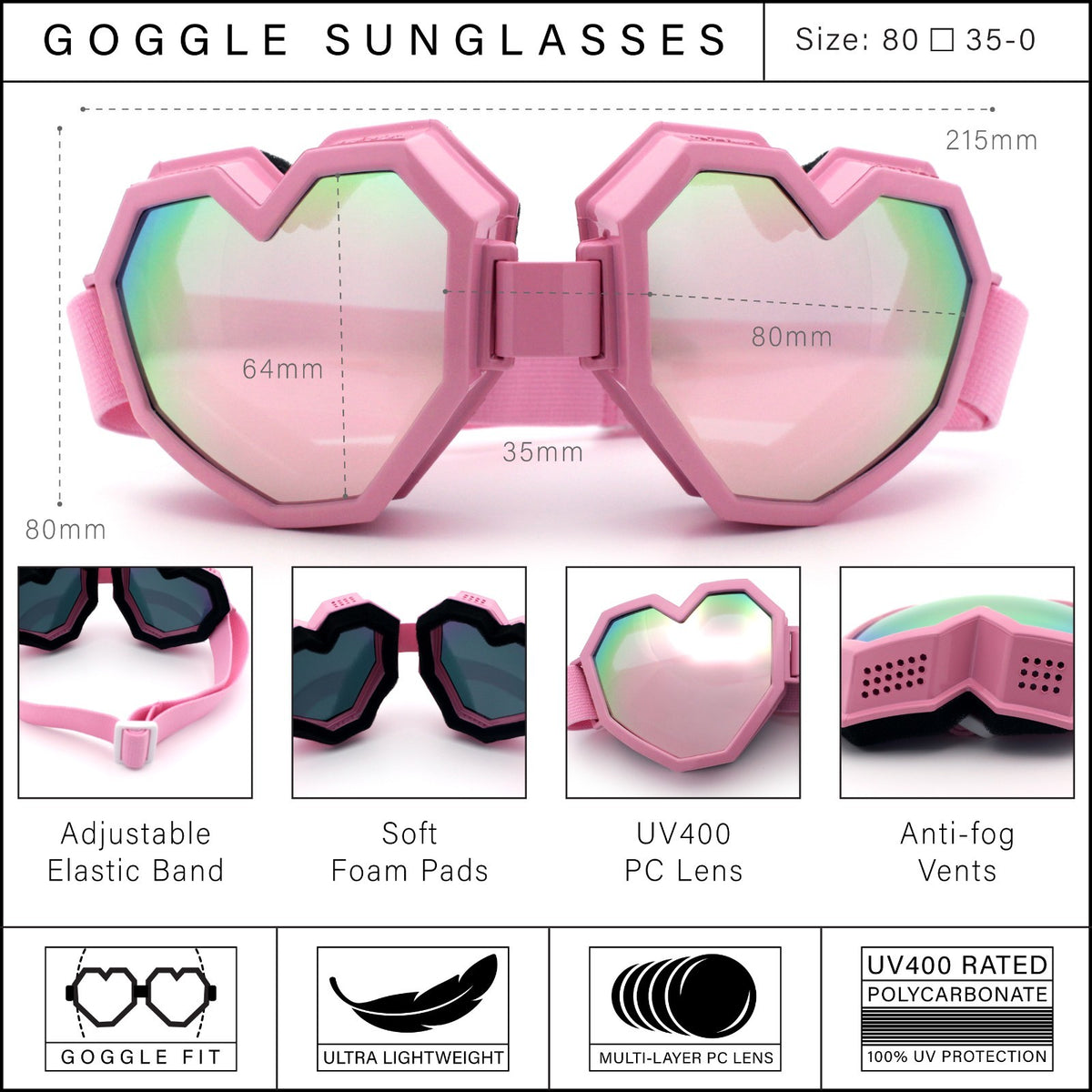 Heart Shaped Goggle Sunglasses with Mirror Lenses - Festival & Cosplay Accessory