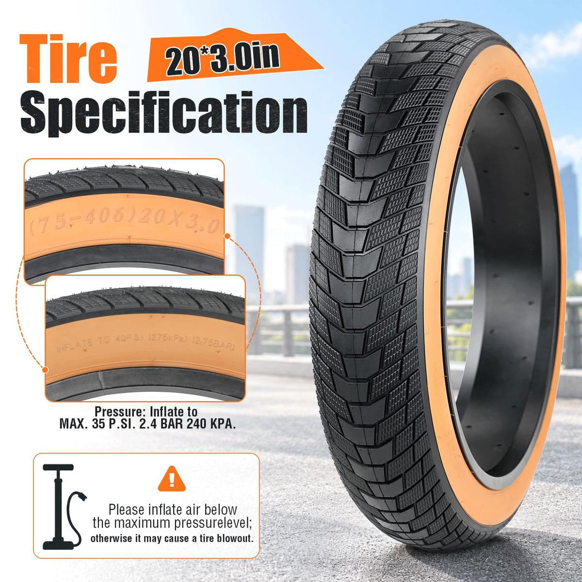 Fat Bike Tire 20x3.0 Inch Set with Inner Tubes - Durable Replacement for Mountain & E-Bikes
