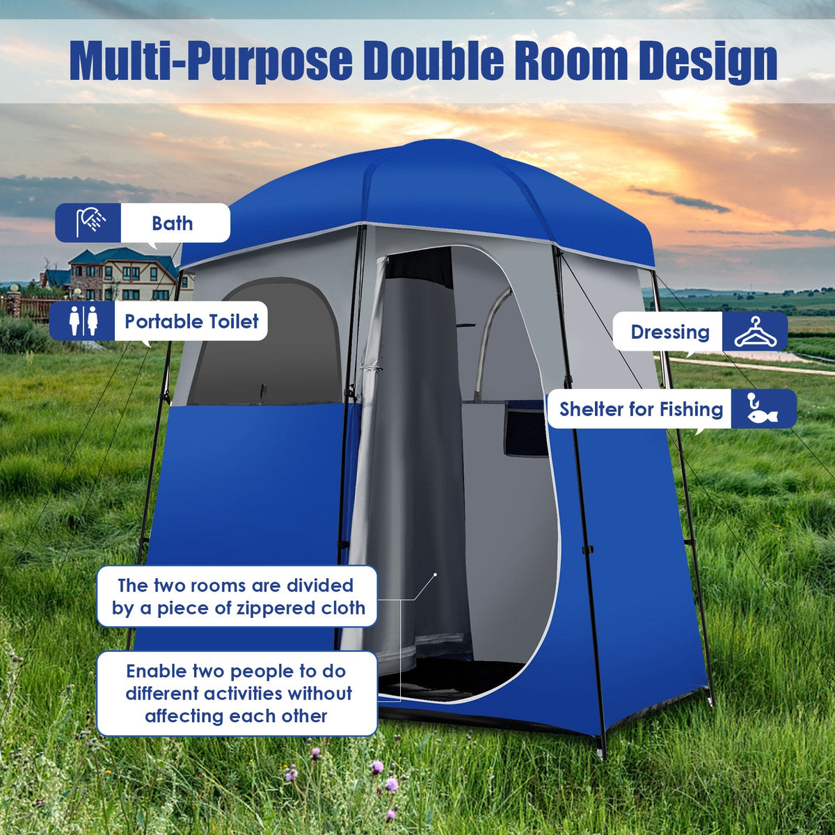 Double Room Camping Shower Tent with Storage Bag - Waterproof & Oversized