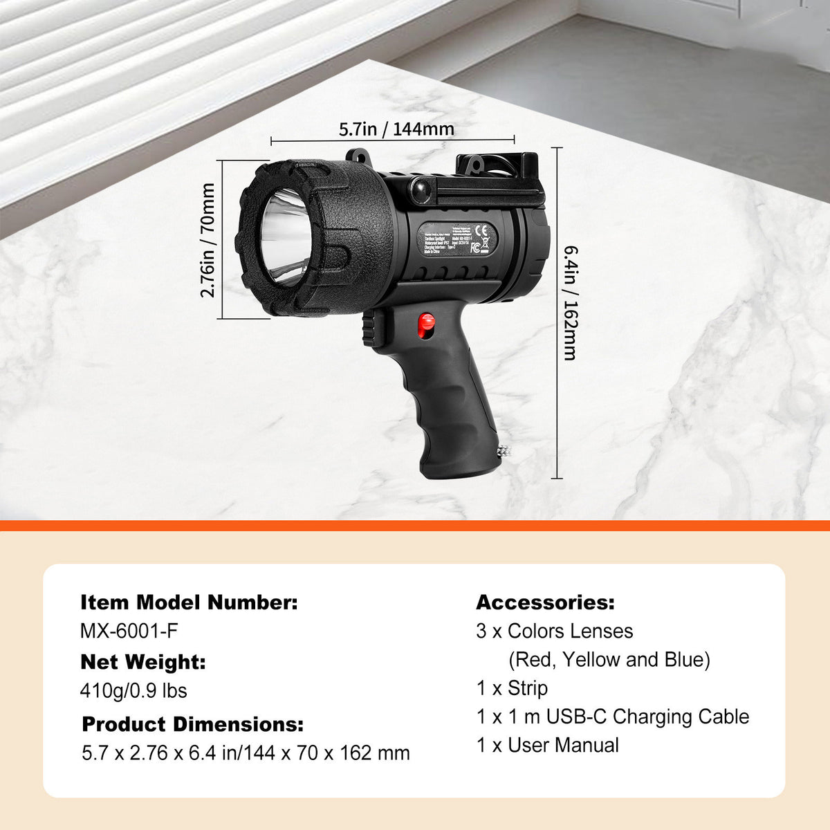 High Powered Rechargeable LED Spotlight 200,000 Lumens with 4 Modes & Waterproof IP67
