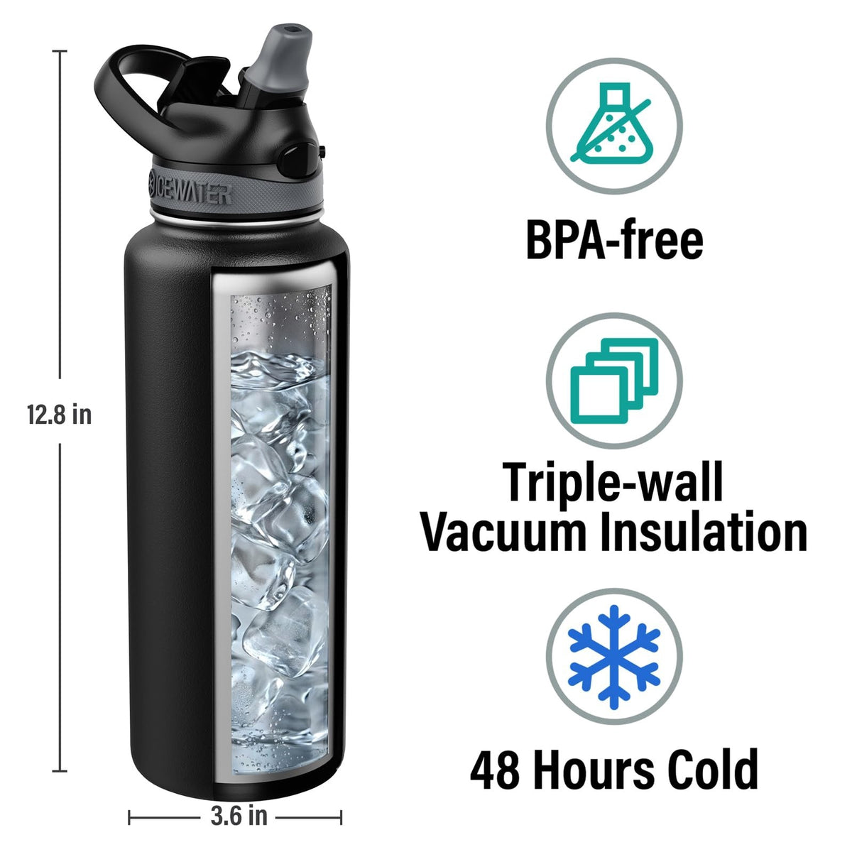 40oz Insulated Water Bottle with Straw - Space Black, Leak-Proof & BPA-Free