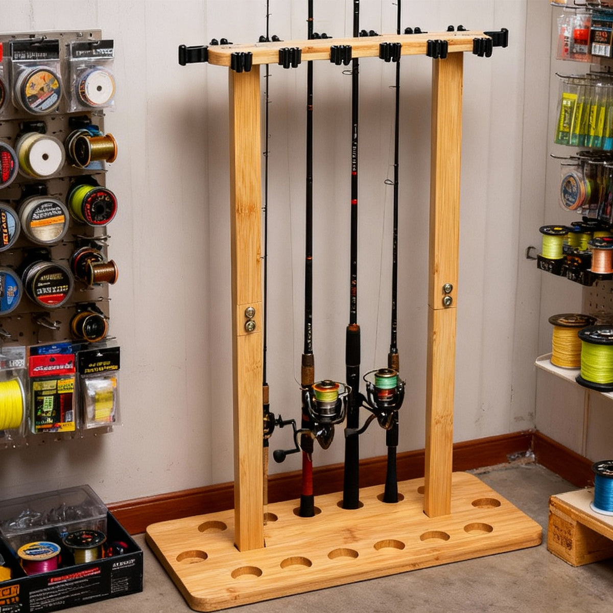 Wooden Fishing Rod Storage Rack for 14 Poles - Stable Floor Stand Organizer