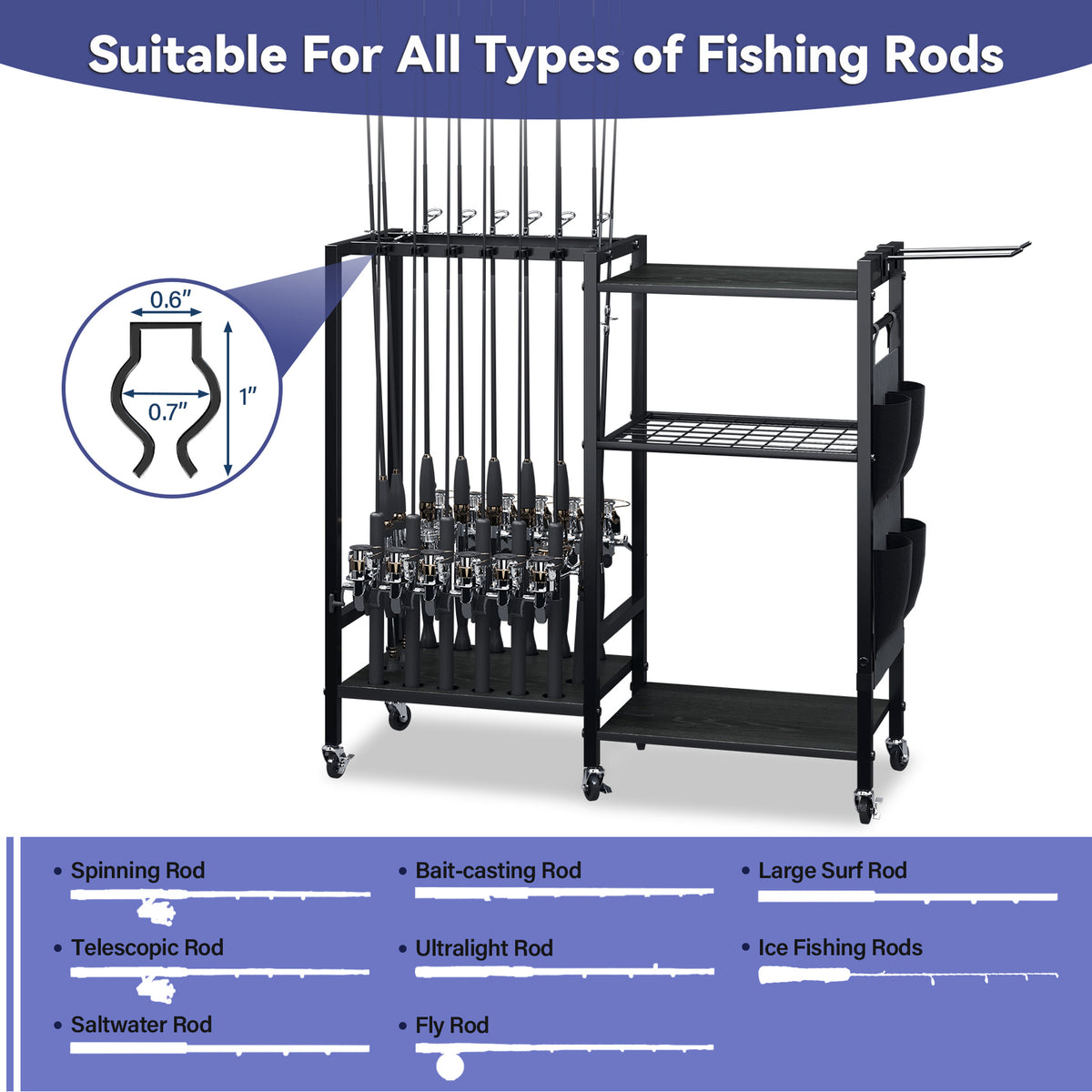 16-Rod Fishing Rod Holder Rack with Tackle Storage and Wheels